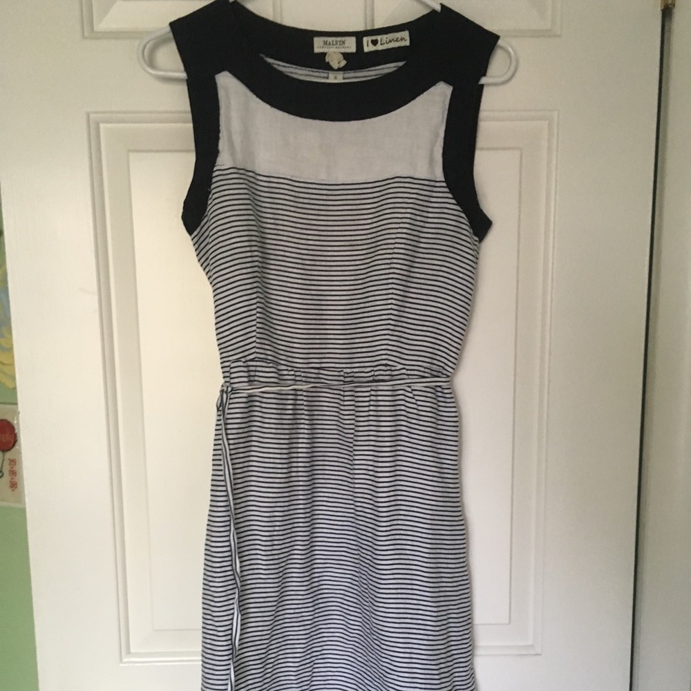 Navy and white striped shift dress